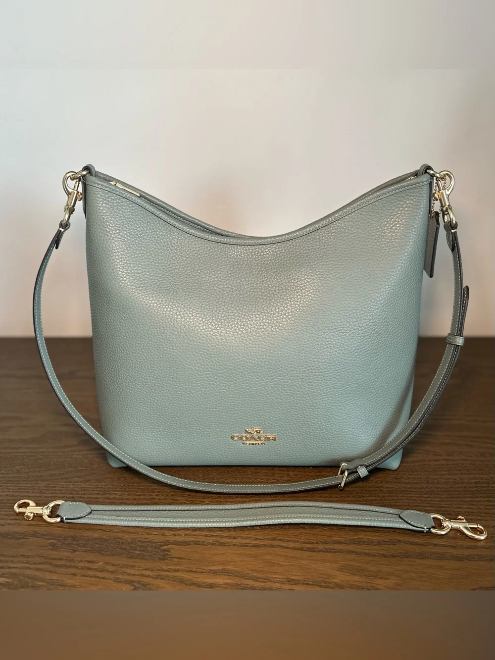 Coach Large Laurel Shoulder Crossbody Bag + Matching Wristlet Sage Green Pebble